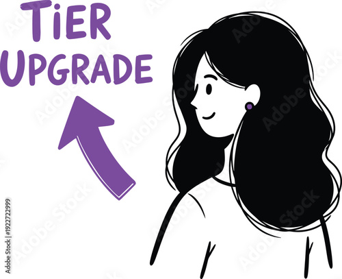 Tier Upgrade Concept with Woman and Purple Arrow Pointing Up in Doodle Illustration