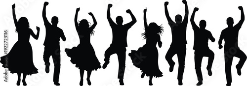 Jumping people silhouettes, black figures, raised arms, celebration pose, joyful motion, minimal design, energetic gesture, unity theme, happiness expression, excitement