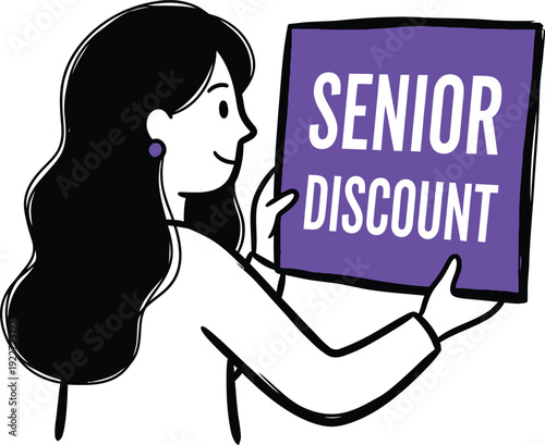 Senior Discount Promotion Sign Displayed by Thoughtful Woman in Purple Doodle Art