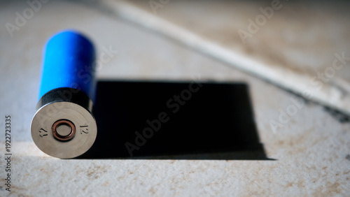 Bild auf Leinwand A 12-gauge shotgun shell casts a black shadow