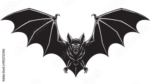Black bat illustration with outstretched wings and menacing expression, viewed from front, in a dramatic pose on a simple background