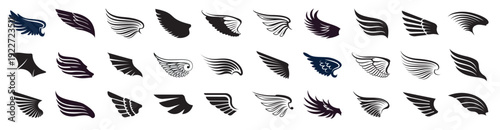 Set of silver outline angel wings icon.