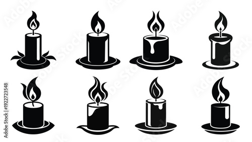  burning candle set black silhouette on white background set
