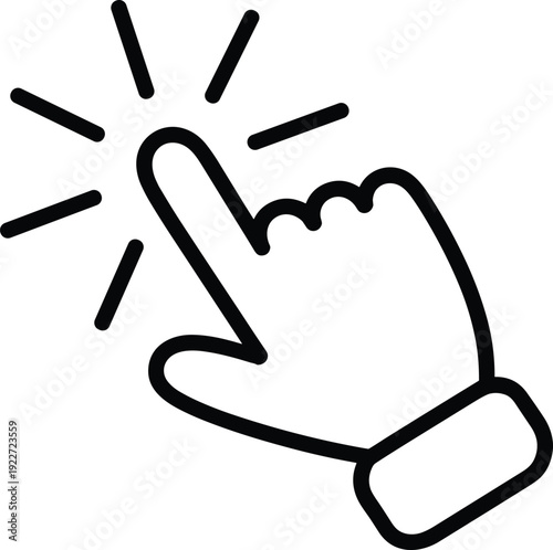 Hand click icon illustration, black and white design, pointing finger upward, digital interaction symbol, touchscreen action, user interface element, vector art drawing, technology graphic