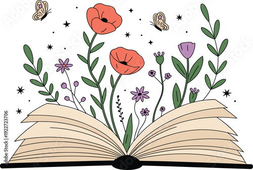 Open book with colorful flowers, butterflies and leaves, magical reading illustration, imagination blooming concept, creative vector art, educational clipart