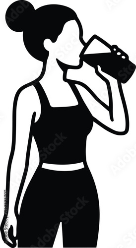 Minimalist icon side view woman drinking from reusable bottle standing in workout clothes close up simple silhouette black flat vector