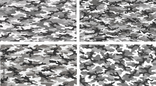 A gray and white seamless Military camouflage pattern, different shapes, vector art.