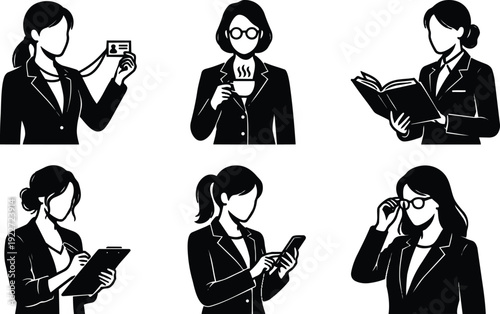 Minimalist silhouette vector set of six business women performing office tasks holding id badge coffee book clipboard phone glasses reading
