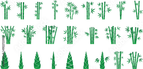 A clipart of different green bamboo tree with leaves collection, different shapes, vector art.