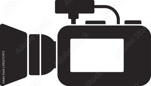 Video camera icon illustration, black and white design, side profile lens, filmmaking symbol, recording device, audiovisual media production, vector art drawing, creative graphic