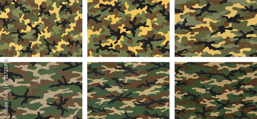 A olive green and brown Seamless Military Camouflage Pattern, camouflage cloth different shapes, Vision Vector art.