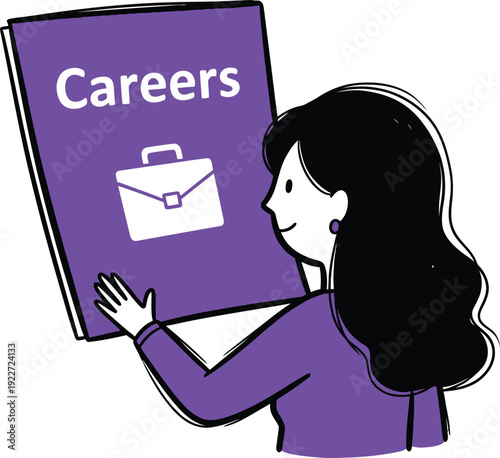 Woman Looking at Purple Careers Book with Briefcase Icon for Recruitment Illustration