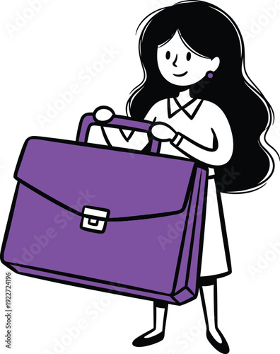 Young Businesswoman Carrying Large Purple Briefcase for Work Illustration