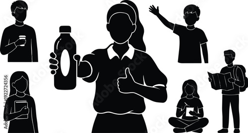 Flat design silhouette collage of people holding drinks bottles tablets maps and notes with thumbs up center close up gesture