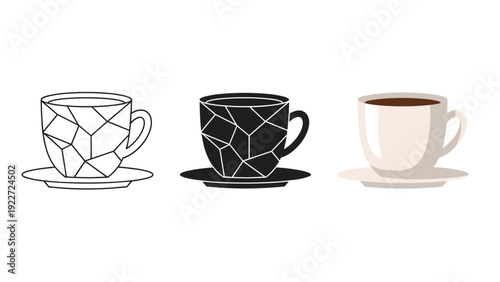 Three coffee cups with different designs and colors Vector