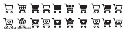 shopping cart and wishlist icons line and solid style for