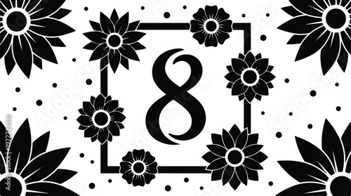 Flat silhouette floral frame with central number eight and corner sunflowers dotted background decorative border for greeting design elegant card