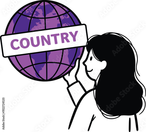 Woman Pointing at Global Map Globe with Country Label