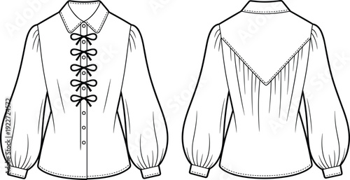 Women blouse CAD drawing, flat vector illustration, front and back view, bishop sleeves, pointed collar, bow tie closure, garment construction, fashion design