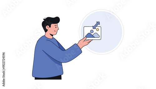 Man interacting with a digital tablet displaying a graphic of a person using a megaphone