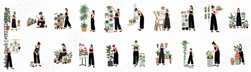 Diverse women engaged in various houseplant care, gardening, and plant business activities, showcasing a modern green lifestyle and botanical passion.