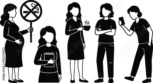 Flat design profile of five women including pregnant woman holding no smoking sign woman holding book and woman drinking coffee