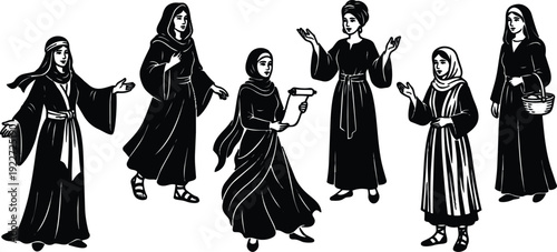 Medieval style vector women in flowing robes performing daily tasks with expressive gestures and varied head coverings close up figures