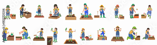 Children happily engaged in gardening activities, planting, watering, and harvesting in raised beds, embracing the dirt and joy of nature.