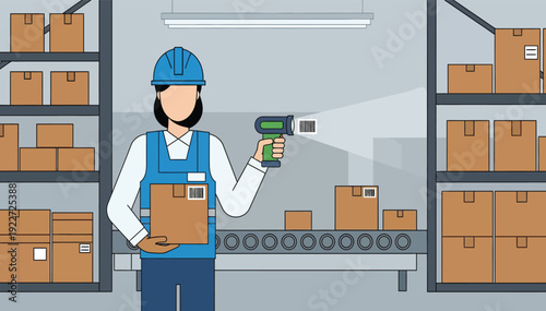 Warehouse worker efficiently scanning packages on conveyor belt with barcode scanner in a modern distribution center environment daily