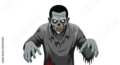 Terrifying zombie character illustration with pale gray skin and tattered clothing reaching out with both hands.