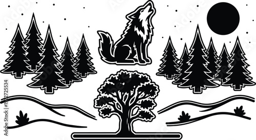 Minimalist vector of howling wolf above pine forest with moon and lone oak tree bold outline sticker vintage badge design