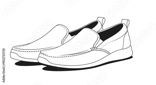 Pair of men's slip-on loafers or moccasins is depicted in a clean black and white line art illustration style from a perspective angle.