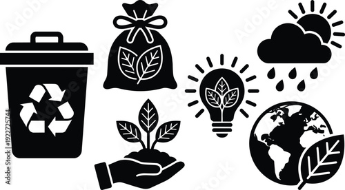 Minimalist flat eco icons hand holding seedling recycling bin lightbulb earth leaf rain cloud sun compost bag green