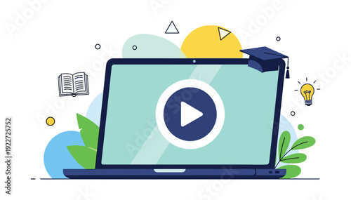 Creative laptop graphic with play button and graduation symbols representing online learning and education technology advancements in modern e learning