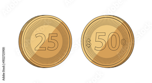 Set of two golden coins featuring decorative radial lines and denominations of twenty-five and fifty dollars is shown in illustration.