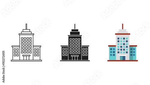 Three different colored building icons side by side Vector