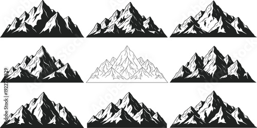 Mountain range silhouette set with rocky peaks and snow caps for outdoor adventure, hiking, climbing, nature landscape, and wilderness travel.