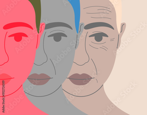 Three portrait of women contrasting youth and age. Flat portraits of women at three different ages