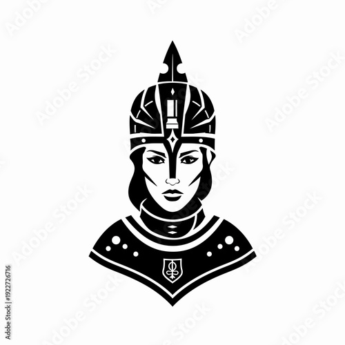 Strong Female Warrior in Helmet and Armor Vector Illustration. Iconic Black and White Graphic for Power and Protection