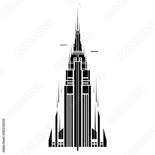 Elegant Art Deco skyscraper illustration, black and white vector art building with modern geometric design, tall architectural structure.