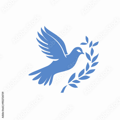 Blue peace dove flying with olive branch vector icon. Symbol of hope, freedom, spirituality, love, and international peace.