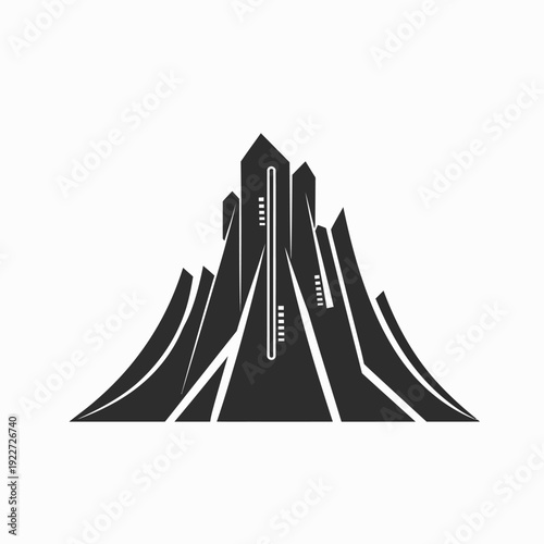 Abstract futuristic cityscape icon with modern architectural buildings. Stylized urban skyline graphic in black and white vector.