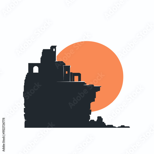 Stylized Ancient Ruins Silhouette Vector Graphic with Orange Sun Icon. Historical Cliffside Landscape Illustration.
