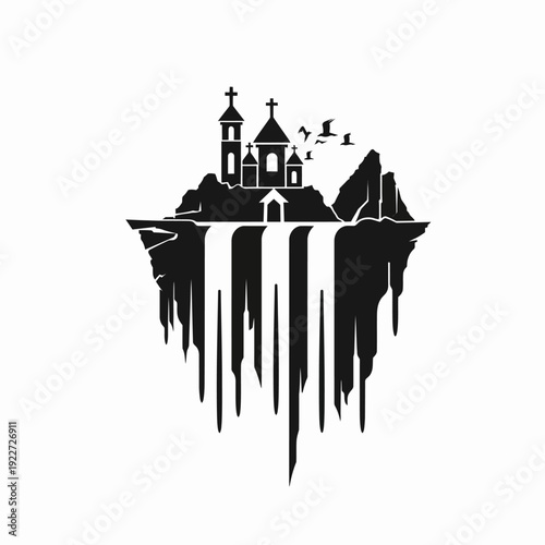 Mystical floating island with ancient church, mountains, and waterfall silhouette. Fantasy spiritual graphic illustration.