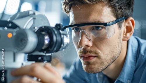 A focused scientist examining a scientific instrument