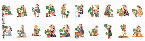 Women actively engaged in various plant care and gardening activities, illustrating nurturing and horticultural practices with tropical house plants.