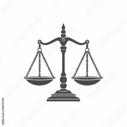 Monochrome balance scale icon symbolizing justice, law, and equality. Concept of fairness, equilibrium, and impartial measurement.