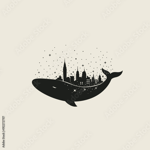 Fantasy whale carrying a vibrant city skyline silhouette with twinkling stars, representing urban nature, dreams, and imagination.