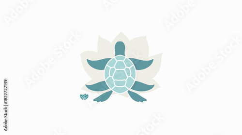 Elegant stylized sea turtle and lotus flower illustration, symbolizing nature, marine life, tranquility, and harmony on white.
