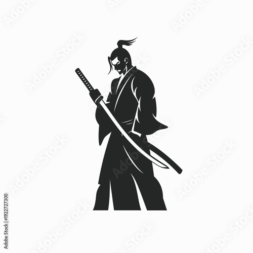 Strong Samurai Warrior Silhouette with Katana Sword, Traditional Japanese Martial Arts Fighter Illustration